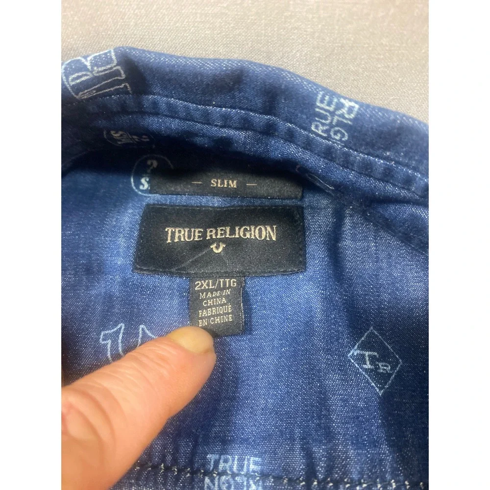 True Religion Denim Button Down Shirt XX‎ Large Slim Fit Mono Print